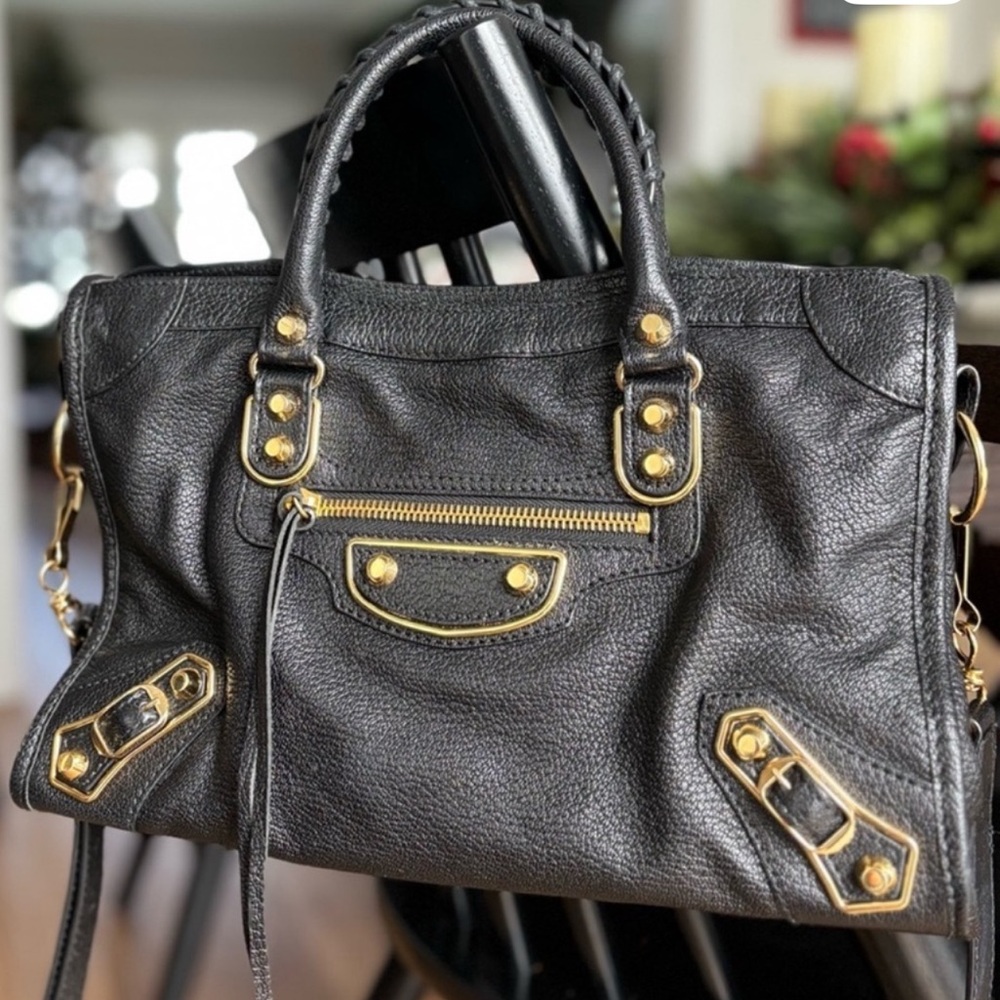 Balenciaga Black Shoulder Bag with Gold Accents